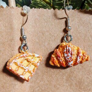 Croissant and Waffle earrings with a silver loop